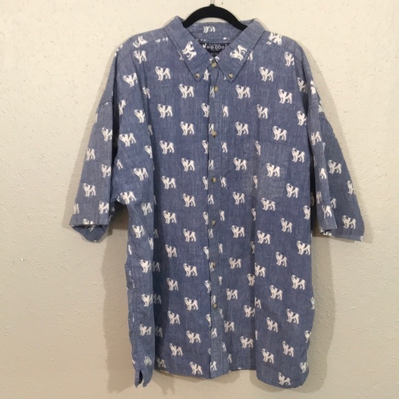 Big Dogs 100% Cotton All Over Print Blue & White Short Sleeve Button Shirt - Picture 1 of 8